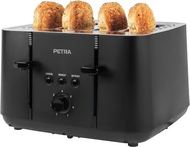 Тостер Petra PT5565MBLKVDE на 4 тости, 1850 Вт, чорний, 7 режимів, функції розморожування, повторного нагріву і відміни, антизастрягальна система, висувний лоток для крихт, самовирівнювання тостів