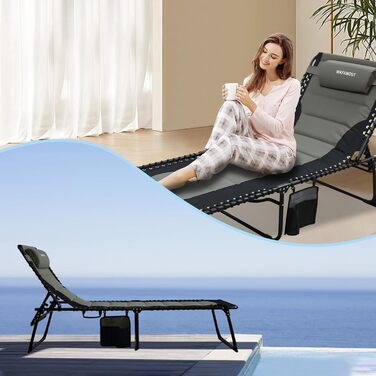 Велике розкладне шезлонге для саду: Outdoor, XXL, 5 положень спинки, до 150 кг, з подушкою та кишенею, 200x68 см, сірий
