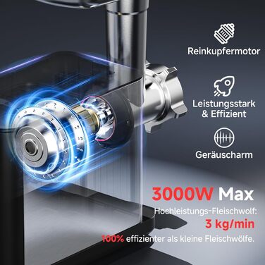 Електрична м'ясоподрібнювач AAOBOSI 3000W з LED-дисплеєм, 9 швидкостей, з нержавіючої сталі, для дому, з насадкою для ковбас та кіббе, інтегрований контейнер, сріблястий