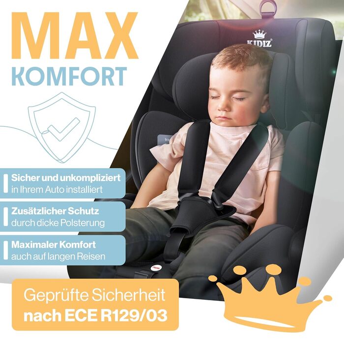 Автокрісло KIDIZ® 1+2+3 для дітей 9-36 кг з 5-точковим ременем безпеки, регульованою підголовником (чорне), Isofix