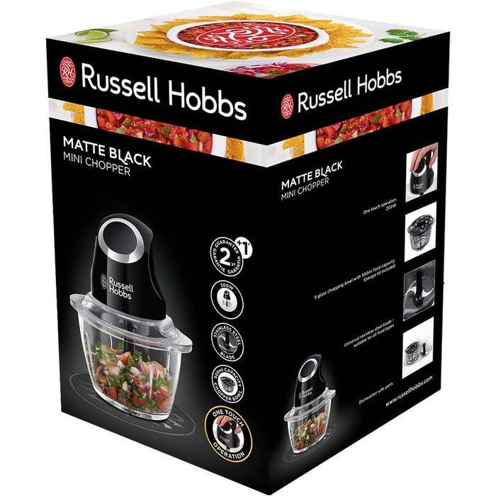 Подрібнювач овочів та фруктів Russell Hobbs Zerkleinerer Mini електричний (500 мл, чорний). Подрібнювач для м'яса, мультиподрібнювач з скляною ємністю та кришкою для зберігання