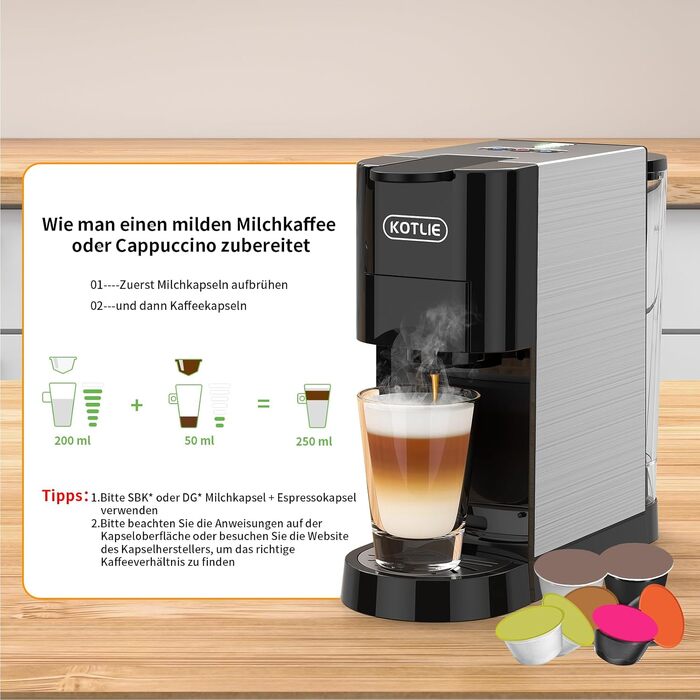 Кавомашина KOTLIE Espresso 4-в-1 для NES/Dolce Gusto/меленої кави/ESE (44мм), 19 Бар, Чорна