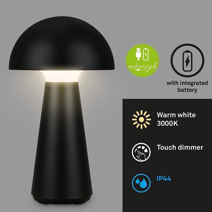 BRILONER LED настільна лампа бездротова з сенсорним керуванням, диміруванням, тепле біле світло, нічник, лампа для читання, акумуляторна, для кемпінгу та вулиці, 28x16 см, чорна