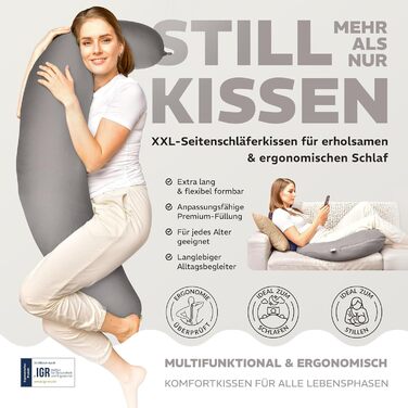 Подушка для годування та вагітності sei Design XXL (190x35 см), ергономічна подушка для сну з чохлом з органічної бавовни муслін, сріблясто-сіра