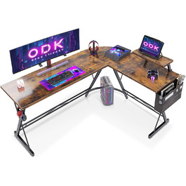 Ігровий стіл ODK Gaming, кутовий стіл для геймерів, стіл у формі L з підставкою для монітора, для офісу (Вінтаж Коричневий, 167 x 120 см)