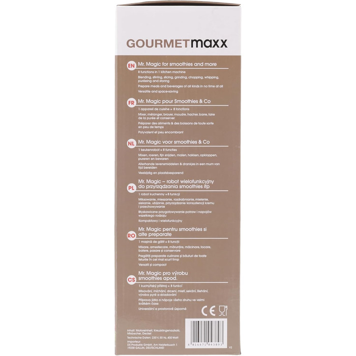 Електричний міні-блендер GOURMETmaxx 400Вт, 4-в-1: смузі-мейкер, стаціонарний міксер, 500 мл, 9 функцій, BPA-вільний, сріблясто-чорний, з дорожнім стаканом, можна мити в посудомийній машині