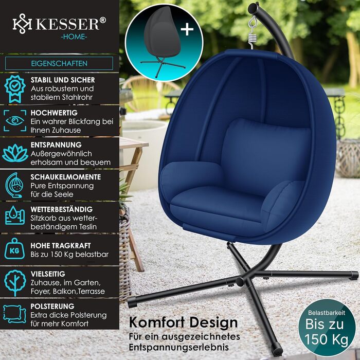 Підвісне крісло-гойдалка KESSER Luxe з каркасом, м'якою подушкою та захистом від погоди, для дому і саду, бічні та спинні подушки, стабільна основа, навантаження до 150 кг, синє