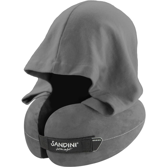 Подушка для подорожей SANDINI TravelFix Hoodie з ергономічною підтримкою шиї та капюшоном, преміум велюр, антрацит, чохол у комплекті