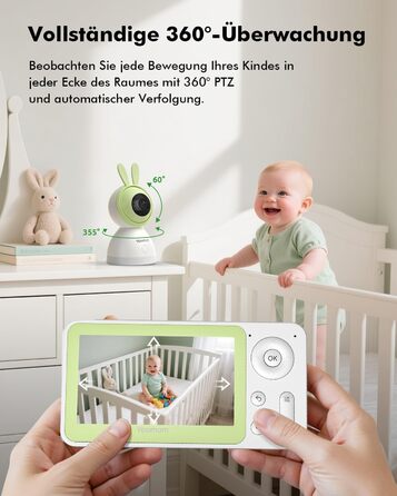 Відеоняня з камерою 1080P HD PTZ 360° та Wi-Fi: монітор для немовлят з додатком, нічним баченням, 4x Zoom, детекцією руху/звуку, двостороннім аудіо, автотрекінгом та сповіщеннями | 8SM