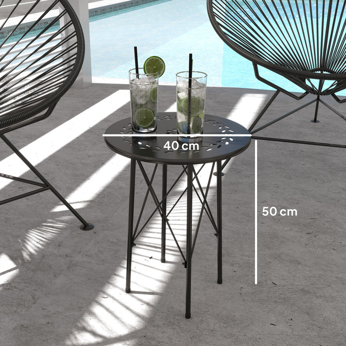 Outsunny Garden Table Ø40 x 50 см, Атмосферостійкий сталевий балконний стіл, Бічний столик із захисними ніжками з квітковим дизайном, Круглий обідній стіл на відкритому повітрі, Кемпінговий стіл Патіо Стіл для патіо Стіл для саду Балкон Чорний