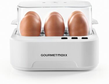 Електричний яйцеварка Gourmetmaxx на 6 яєць зі звуковим сповіщенням | Яйцеварка з функцією діркопроколювача, мірним стаканом та голосовим оповіщенням | 3 ступені нагріву для ідеально зварених яєць | Легке очищення та зручне використання
