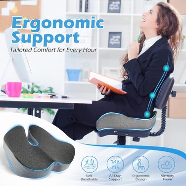 Подушка для офісного крісла Lofty Aim з Memory Foam: ергономічна, для куприка, при болях в спині та сідницях, для офісу, авто, літака, інвалідного візка – чорний та сірий