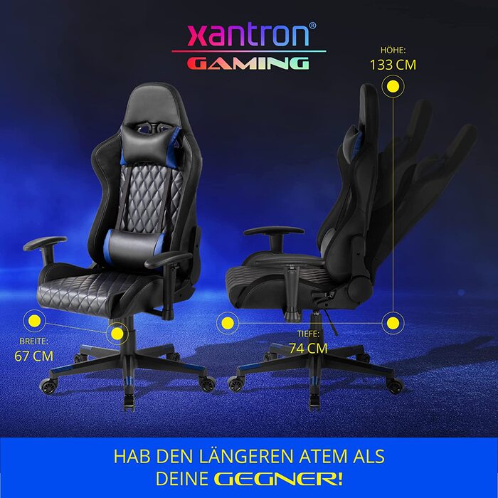 Ігровий крісло Xantron® з RGB підсвічуванням, чорний, PVC шкіра, до 150 кг, регульоване газовою пружиною