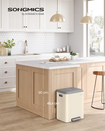 Сортувальний смітник для кухні SONGMICS, 2×15 л, сталевий, з м'яким закриттям, 2 секції для роздільного збору, бежевий