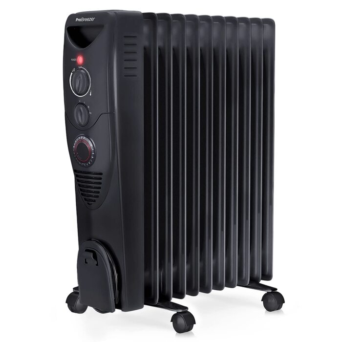 Масляний обігрівач Pro Breeze 2500W, електричний радіатор з 11 секціями, 3 режимами нагріву, термостатом та 24-годинним таймером, захист від перегріву та перекидання, чорний