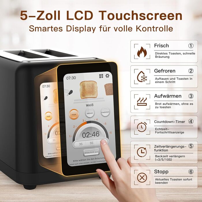 Тостер aeco toastlab Elite 2-слотовий з підставкою для булочок, широкі слоти, 6 рівнів підсмажування, 10 програм, 850W, LCD-дисплей, функція підняття, розморожування, піддон для крихт