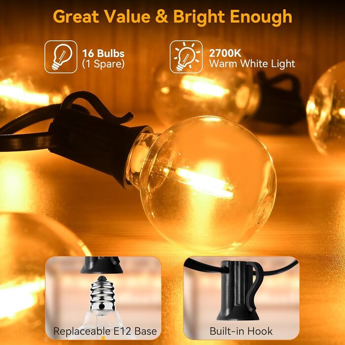 LED гірлянда AVANLO для вулиці 30.4м, 100 LED ламп G40, водонепроникна. Для саду, балкона, весіль, вечірок.