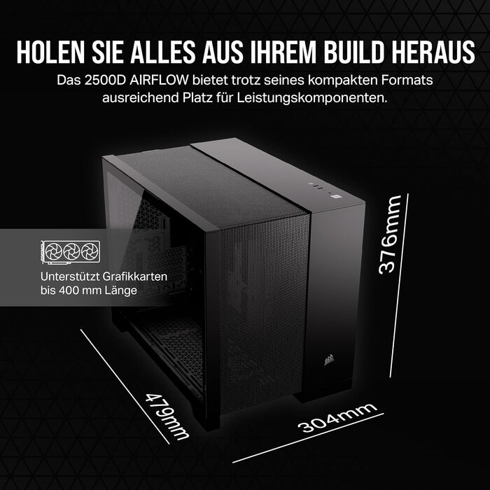 Комп'ютерний корпус CORSAIR 2500D Airflow mATX, двокамерний, без вентиляторів, підтримка зворотного підключення материнської плати, чорний, для високої гнучкості охолодження