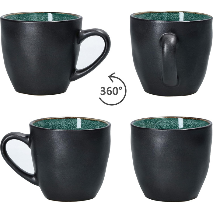 MamboCat Кавовий сервіс 18 предметів Green Reactive Glaze для 6 осіб. Керамічний набір ручної роботи з ефектом м'ятиного кольору та мідною окантовкою (6 чашок, 6 тарілок, 6 десертних тарілок).