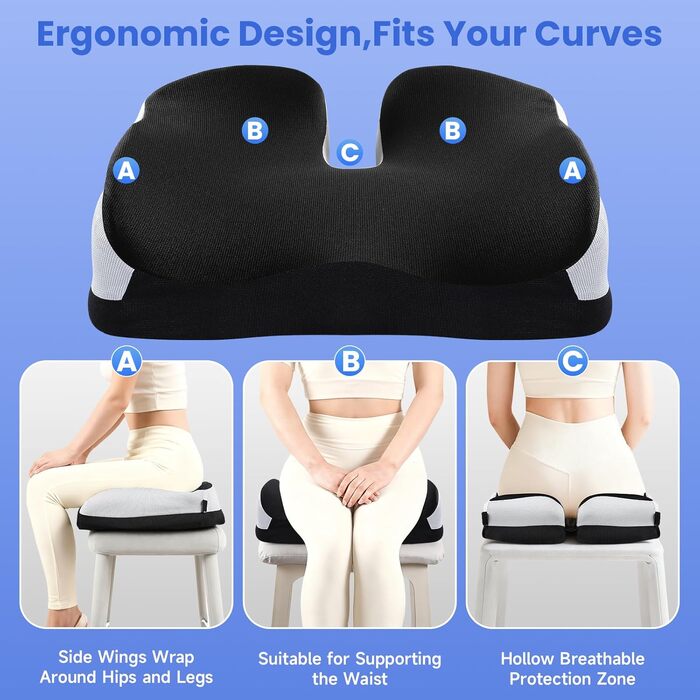 Подушка для сидіння з піни Memory Foam: ергономічна, для офісного крісла, авто, геймерського крісла та візка, з ременем та антиковзким покриттям