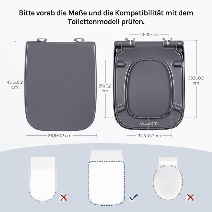 Кришка для унітаза WOLTU з мікроліфтом (Softclose), пластикова, швидке кріплення Fast Fix, прямокутна, сіра