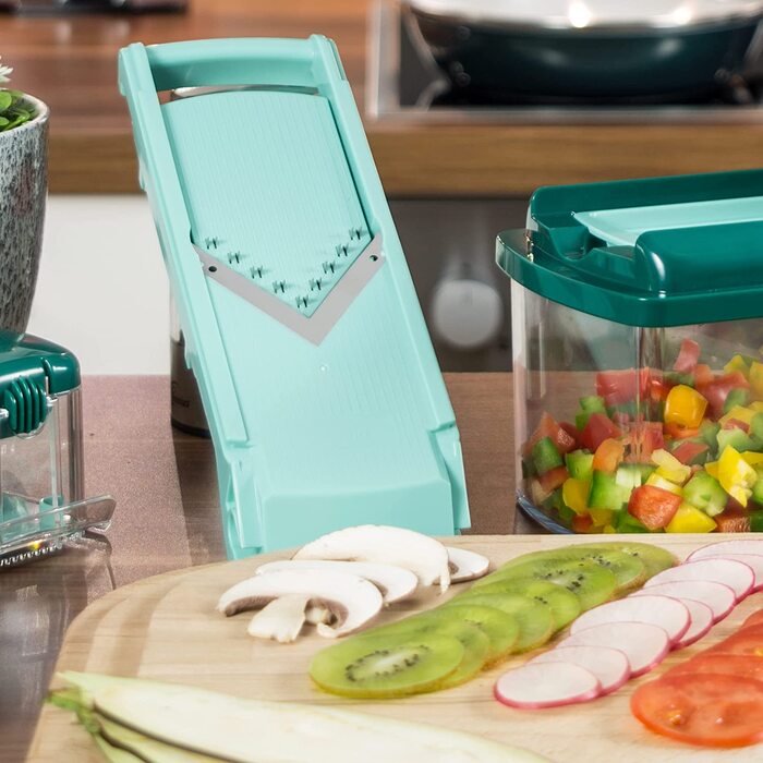 Овочерізка-мандоліна Genius Nicer Dicer Fusion з V-подібним лезом із нержавіючої сталі, набір для нарізки та шинкування, регульований слайсер для овочів, джулієн, огірків