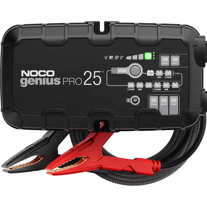 NOCO GENIUSPRO25: Професійне зарядне пристрій для акумуляторів 25A, 6V/12V/24V – Інтелектуальний зарядний пристрій, десульфатор та блок живлення з захистом від перевантаження та температурною компенсацією – Для свинцево-кислотних та літієвих акумуляторів