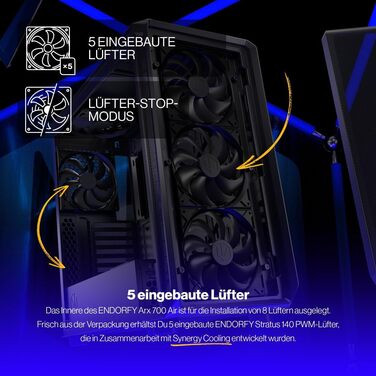 Комп'ютерний корпус ENDORFY Arx 700 Air ATX, 5x140 мм вентиляторів, підтримка двох радіаторів до 360 мм, сітчасті верх і перед, висока сумісність компонентів, EY2A012