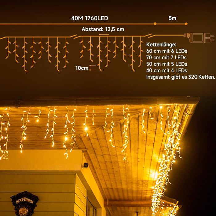 Світлодіодна гірлянда-завіса WOWDSGN «Бурульки» для вулиці, 40м, 1760 LED, теплий білий колір, 8 режимів роботи, IP44 водонепроникна, для даху та тераси
