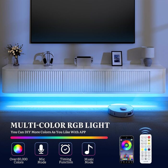 Підвісний TV-тумба YITAHOME 140 см з RGB LED підсвіткою, біла глянцева медіаконсоль для вітальні та спальні (180x25x20 см)