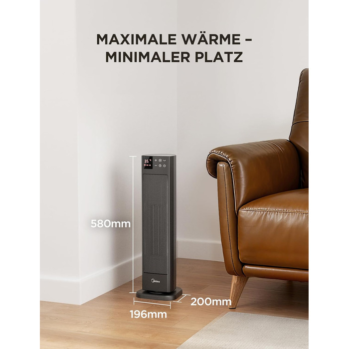 Керамічний обігрівач Midea NTH20-22GR(WH) 2000Вт з пультом, термостатом та таймером на 24г, ECO-режим, осциляція 75°, сірий