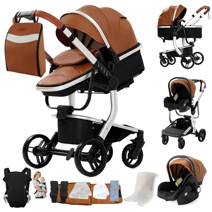 Дитяча коляска 3 в 1 PU-Leder L518 Khaki: Комфортна, багатофункціональна, з алюмінієвим шасі та комплектом (рюкзак, пеленатор)