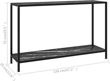 Консольний стіл vidaXL, скляний, 120x35x75 см, чорний і білий, металевий каркас, приліжковий/туалетний/декоративний стіл