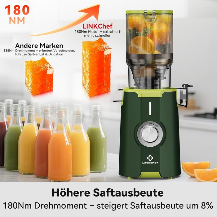 LINKChef Швидковичавник Slow Juicer: холодний віджим, для овочів та фруктів, легко миється, BPA Free, 200W (зелений)