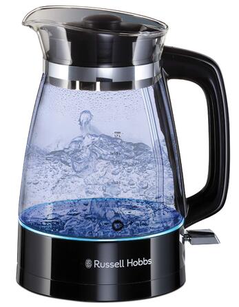 Скляний електрочайник Russell Hobbs 26080-70 Classic Design, 1.7 л, 2400 Вт, з LED-підсвіткою та сталевою основою, чорний/прозорий