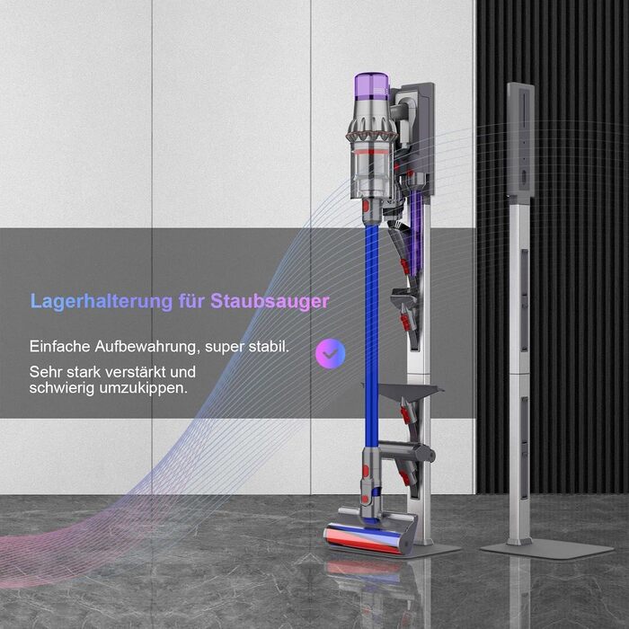 Стійка для бездротового пилососа Dyson з гачками для зберігання, сталь, сірий колір - настінний монтаж без свердління