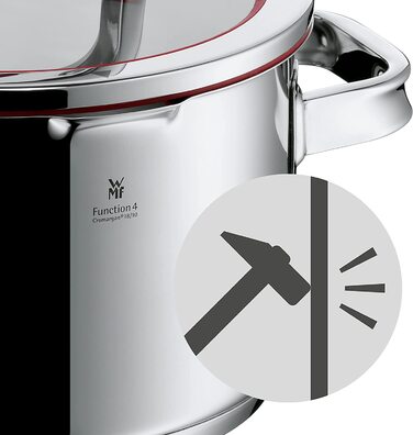 Каструля WMF Function 4, 16 см, з кришкою, 1,4 л, з нержавіючої сталі Cromargan, індукційна, з 4 функціями зливу, з внутрішньою шкалою, червона