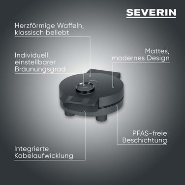 Вафельниця SEVERIN Black Line WA 2117 для серцеподібних вафель, антипригарне покриття без PFAS, 1000 Вт, чорний/нержавіюча сталь