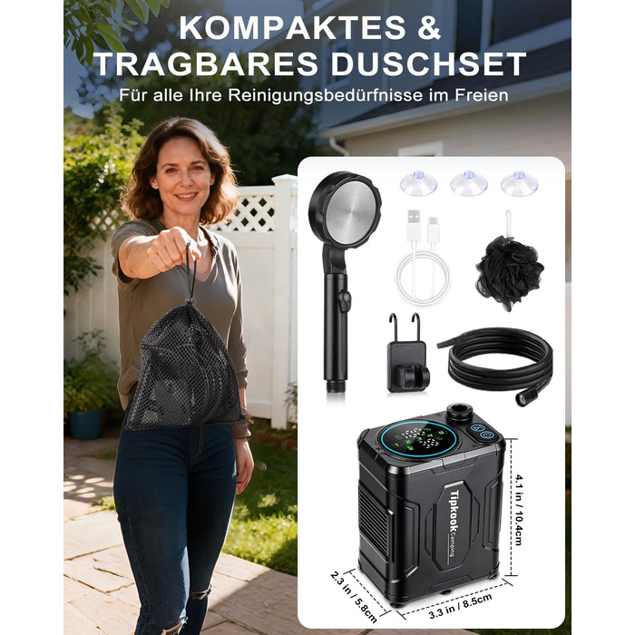 Портативний кемпінговий душ з акумулятором 13000mAh, мобільний outdoor-душ з помпою, функцією паузи та індикатором температури для кемпінгу, миття авто та тварин