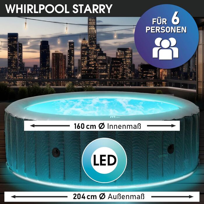 Надувний СПА-басейн BRAST MSpa Starry з LED-підсвіткою для 6 осіб, 204x70 см, 138 гідромасажних форсунок, енергозберігаючий таймер, функція нагріву та масажу, для вулиці та приміщення