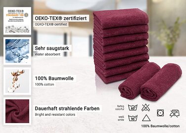 ZOLLNER Набір з 10 рушників для обличчя 30x30 см, бордові, 100% бавовна, м'які та вбираючі, з петелькою, готельна якість, прати до 60°C