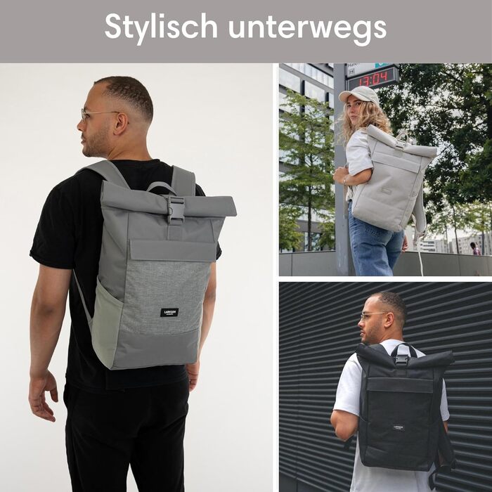 Рюкзак LARKSON Rolltop для жінок і чоловіків, з відділенням для ноутбука, універсальний для роботи, навчання, подорожей, велосипеду, водовідштовхувальний, сірий, великий розмір