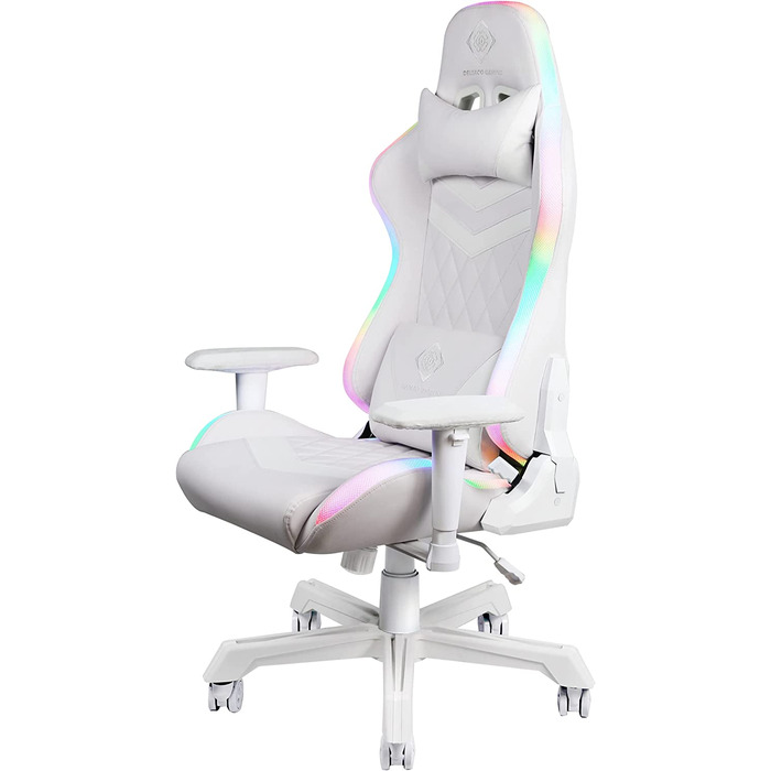 Ігрове крісло DELTACO GAMING PCH90 з RGB підсвіткою, ергономічне, екошкіра, подушки для попереку та шиї, рожеве