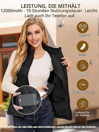 Зігріваюча жилетка жіноча з Powerbank 12000mAh, електрожилетка з 5 зонами підігріву та 3 режимами температури для гірських лиж та хайкінгу, M, чорна