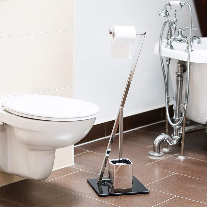 WC гарнітура Relaxdays GLASS 77x25x25 см, тримач для туалетного паперу та щітка, скло і метал, стійка, сріблясто-чорна, для ванної кімнати
