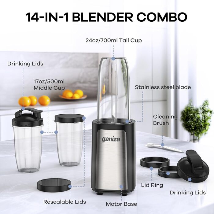 Блендер Ganiza Mini Smoothie Maker 900W з 3 стаканами (500мл x2, 700мл), електричний, сталеві ножі, BPA-free, для смузі та коктейлів