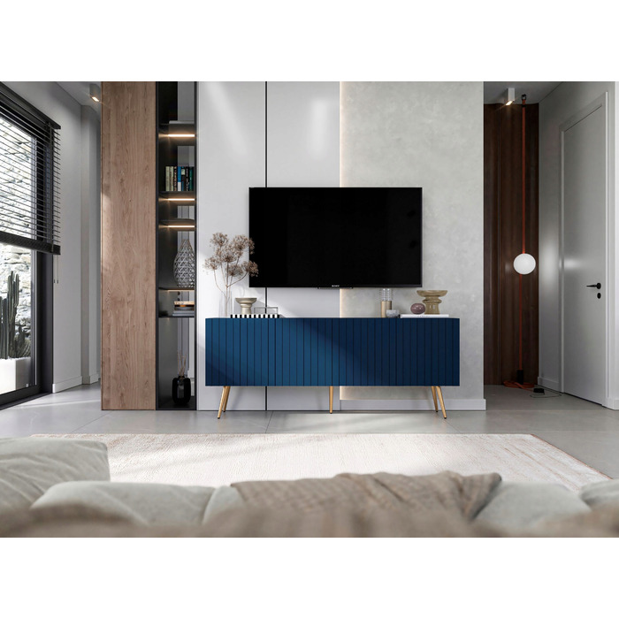 ТВ-тумба Glamour Loft, темно-синя матова, золоті металеві ніжки, 150 см