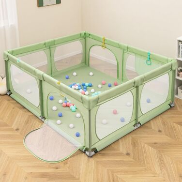 Дитячий ігровий манеж COSTWAY 189x158 см, з 50 кульками, 4 ручками та 4 дверцятами на блискавці, дихаюча сітка, зелений, без матраца