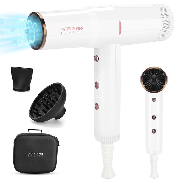 Професійний іонний фен PARWIN PRO BEAUTY з дифузором, 110 000 об/хв, безщітковий тихий мотор, 30 м/с повітряний потік, 3 швидкості і 3 температури, білий
