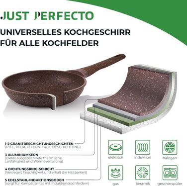 Сковорода JUST PERFECTO 28 см з кришкою для індукції, антипригарна, без PTFE та PFOA, висока, універсальна, бежево-коричнева
